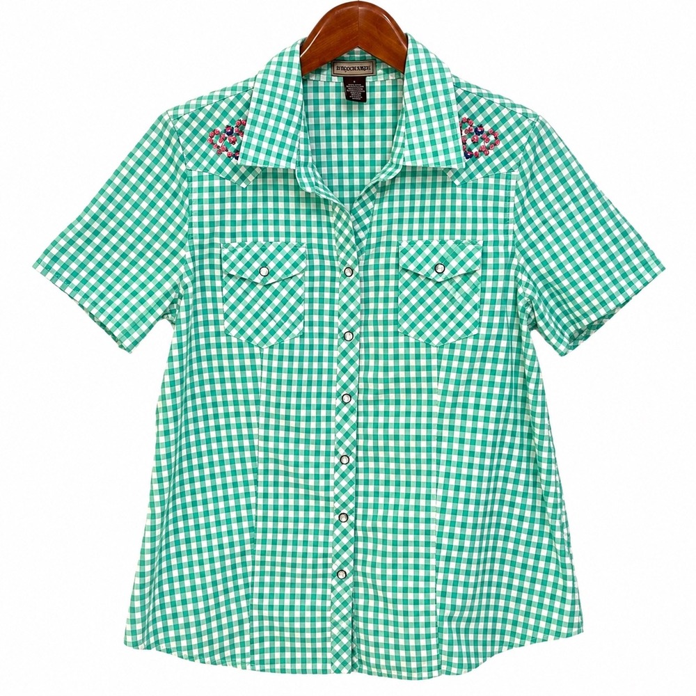 Bit & Bridle Womens Green Gingham Western Snap Shirt Floral Heart Embroidery L